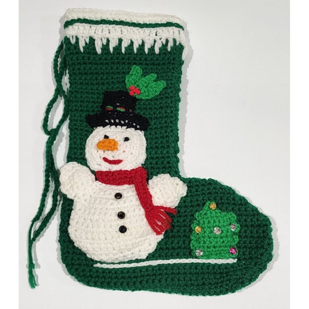 Vintage Crocheted Christmas Stocking Snowman Handmade Chunky Knit Red Green 13"